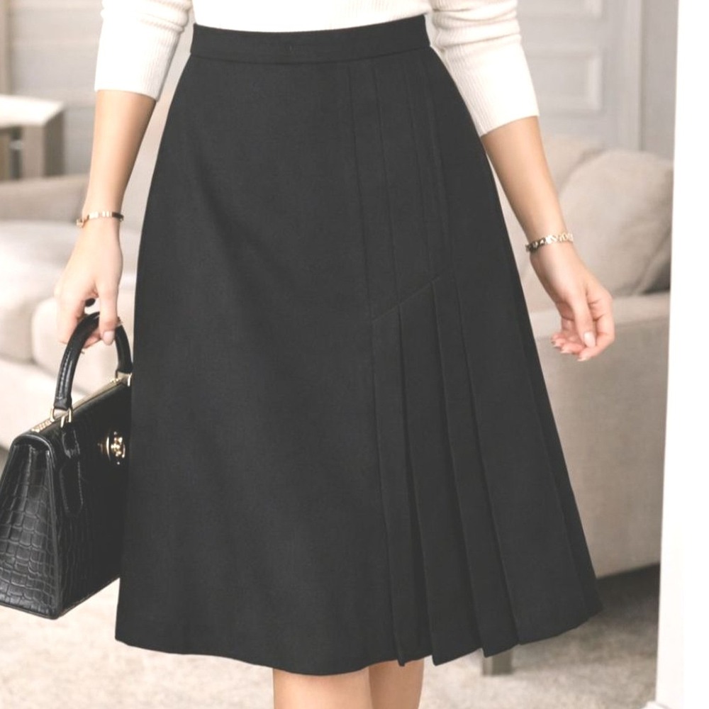 Junior Accent Black Wool Blend Pleated A-Line Midi Skirt Vintage Size 11